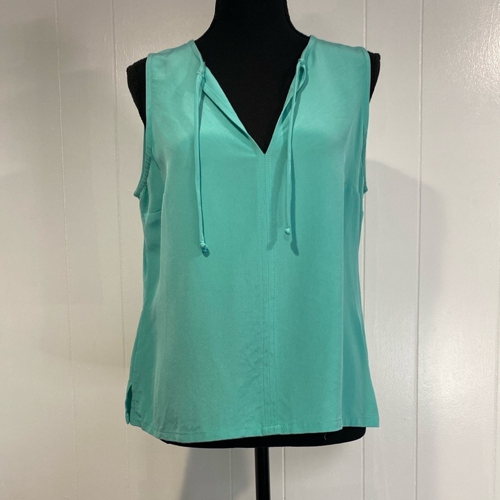 Louben Top Tank Sleeveless Chic Lux Shimmer V-Neck Teal Coastal Size Medium
